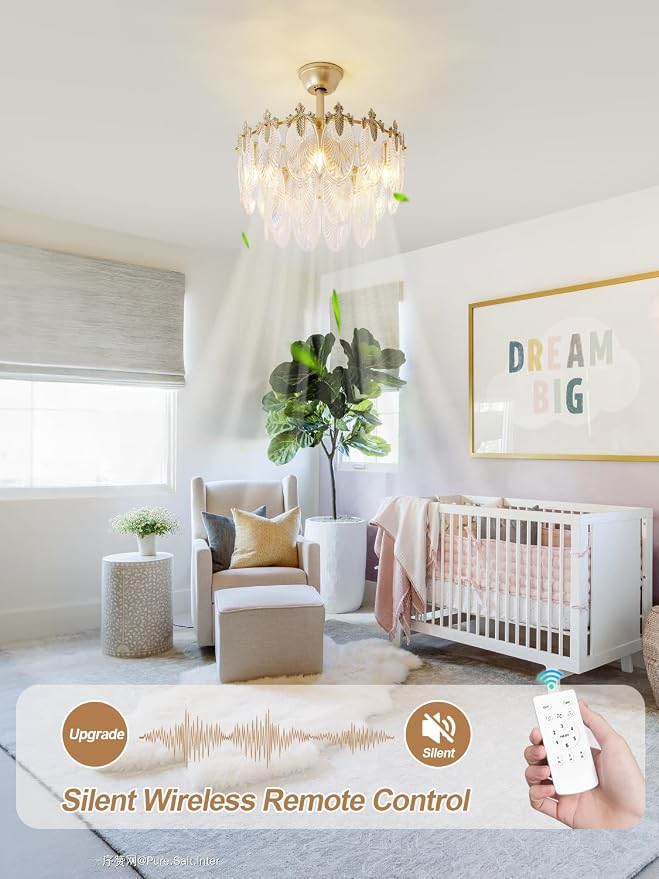 20" Gold Fandelier Ceiling Fan with Light, Gold Crystal Chandelier Ceiling Fans with Lights and Remote Control, Mid Century Enclosed Caged with 6 Speeds for Bedroom, Nursery, Living Room