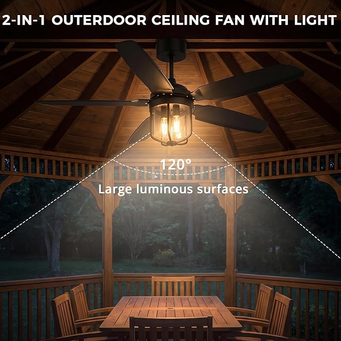 52 inch Outdoor Ceiling fan with Light and Remote Control, IP65 Waterproof 2700K Color light Ceiling fan, Reversible Quiet DC Motor, 5 Blades Black Ceiling Fan for Patios Gazebos Pergolas