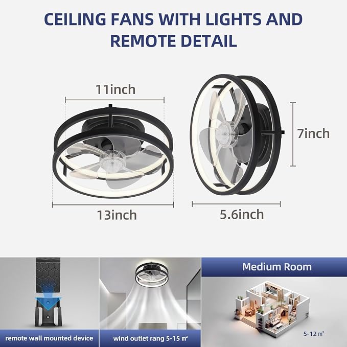 13 Inch Small Ceiling Fan with Light and Remote, Low Profile Flush Mount Fandelier, Dimmable 3CCT Quiet LED Ceiling Fans for Bedroom,Black001