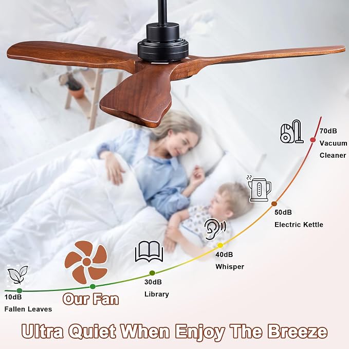 52 In Wood Ceiling Fan with Light,Noiseless Reversible DC Motor with Remote | tung walnut wood blades, ultra quiet dc motor, remote control, dimmable 3cct led, indoor outdoor for patio office farmhouse