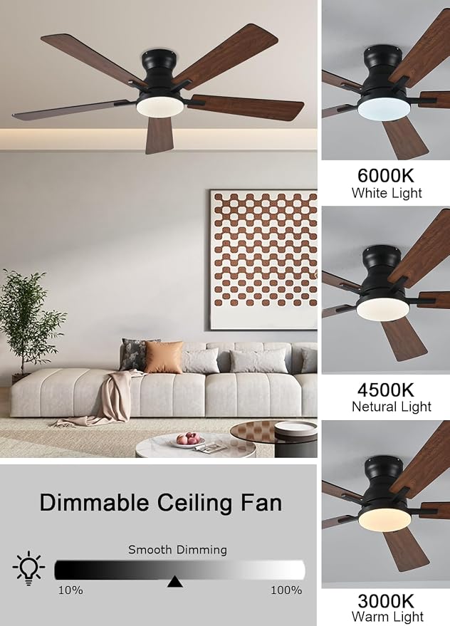 JSAITEE Ceiling Fans with Lights, 52Inch Low Profile Ceiling Fan with Light and Remote/App Control, Modern Flush Mount Brown Ceiling Fan, 3CCT Dimmable, Reversible DC Motor, for Living Room,Bedroom