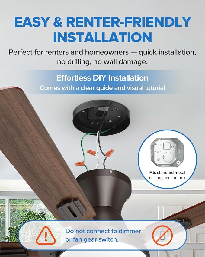 UME 60" Ceiling Fan with Lights & Remote, 6 Blades Low Profile Ceiling Fan, Quiet DC Motor, Natural Wind, 6 Speeds, 3CCT Dimmable 20W LED Modern Ceiling Fan for Bedroom, Living Room, Brown