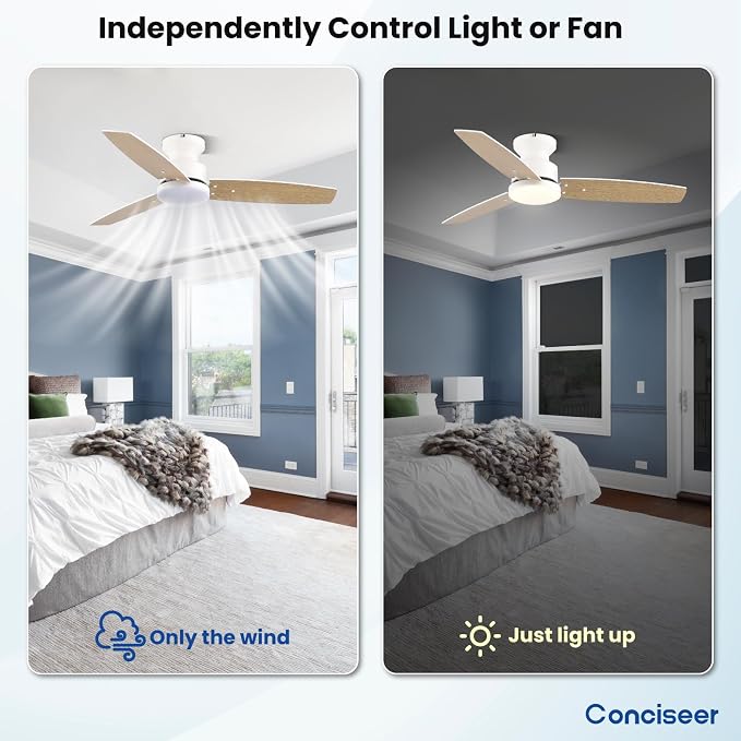 42 Inch Ceiling Fans with Lights and Remote, Bedroom Living Room Office, Flush Mount, 6CCT Dimmable, Dual Color 3 Blades 6 Speed Reversible Quiet DC Motor, White/Wood Grain, 2 Pack