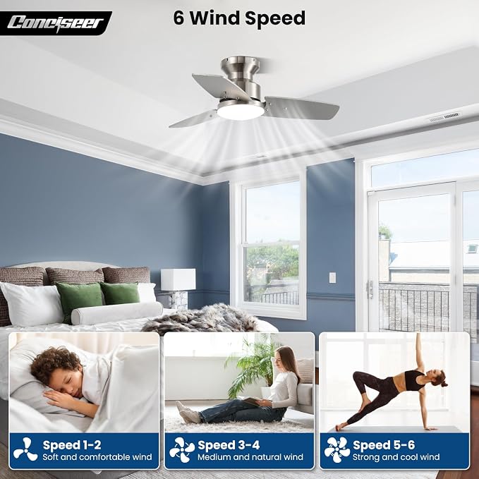 30 Inch Ceiling Fans with Lights and Remote, Bedroom Living Room Office, Flush Mount, 6CCT Dimmable, Dual Color 3 Blades 6 Speed Reversible Quiet DC Motor, Sand-Nickel/Wood Grain