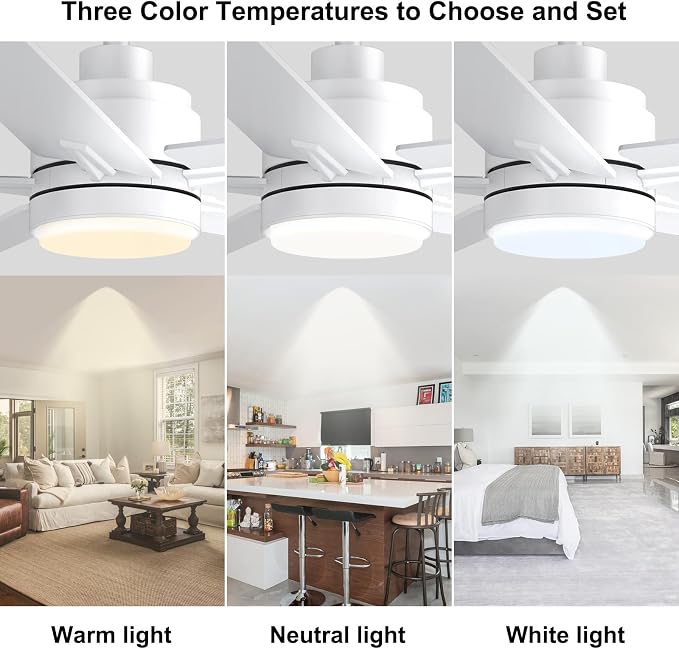 YUHAO 48 Inch White Ceiling Fan with Light and Remote Control.Noiseless,Dimmable, 3CCT,6 Speeds Reversible, Modern DC Ceiling Fans for Indoor or Covered Outdoor Use,ETL Listed
