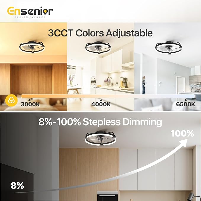 Ensenior Ceiling Fans with Lights and Remote, 20'' Low Profile Ceiling Fan Flush Mount, APP Control, 6 Speed, 3CCT, Quiet Reversible DC Motor, Dimmable Modern Ceiling Fan with Light for Bedroom, Black