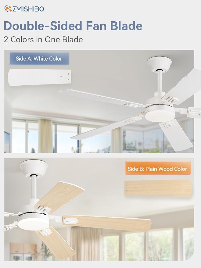 ZMISHIBO 52" Ceiling Fans with Lights, White Modern Ceiling Fan with Remote & App Control, bedroom Indoor Ceiling Fan with Dual Finish Blades, Quiet & Strong Motor, 24W Dimmable Bright LED Light.