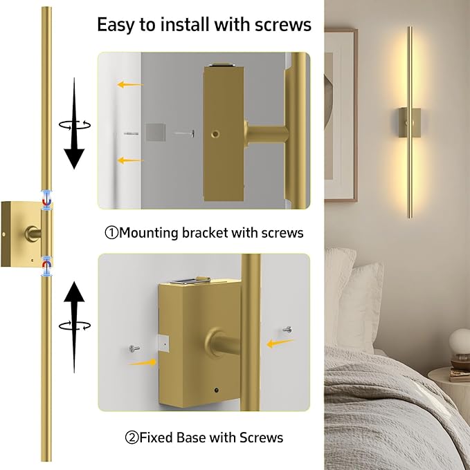 Battery Operated Wall Sconces Set of Two: Dimmable Wireless Wall Lights with Remote, 31-inch LED Rechargeable Sconces, 360° Lighting Wall Scone Decor for TV, Mirror, Bedroom, Living Room(Gold)