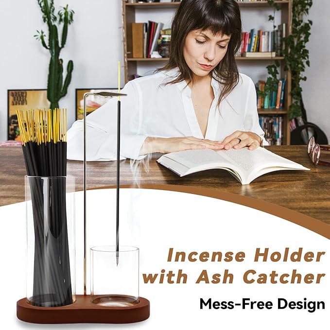 Incense Holder, 2 in 1 Incense Sticks Burner with Glass Ash Catcher & Stick Storage, Meditation Yoga Spa Gifts for Women, House Warming Gifts New Home Wooden Aesthetic Room Decor, Rustic Brown