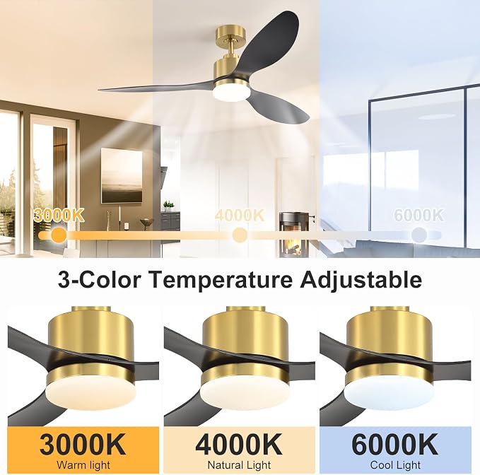 52" Ceiling Fans with Lights and Remote, Quiet DC Motor, 3 Reversible Blades, Modern Gold and Black Ceiling Fan with 3-Color LED Light Fandelier for Bedroom Living Room