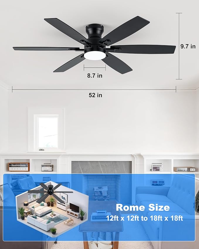Coolwind 52'" Low Profile Ceiling fan with light, 6 Double-Side blades and APP/Display Remote, 6 Speed Reversible DC Motor, 3CCT Dimmable LED flush mount ceiling fan for Bedroom Living Room, Black