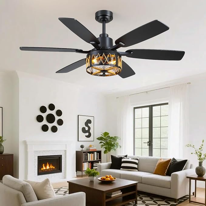 Hounberi 52" Farmhouse Ceiling Fan with Light and Remote, Black Industrial Caged Ceiling Fans with Seeded Glass & Jute Rope Shade, Reversible DC Motor, Rustic Ceiling Fan for Dining Room Bedroom