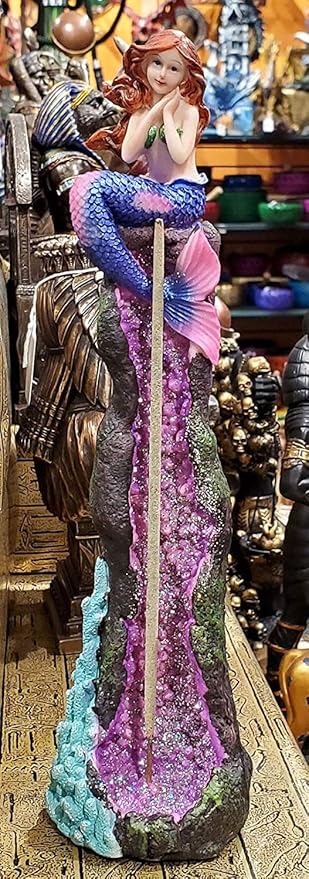 Ebros Gift Beautiful Ocean Mermaid Ariel Sitting On A Purple Quartz Crystal Quarry Coral Reef Pillar Tower Incense Burner Sculpture Nautical Mermaids Fantasy Figurine
