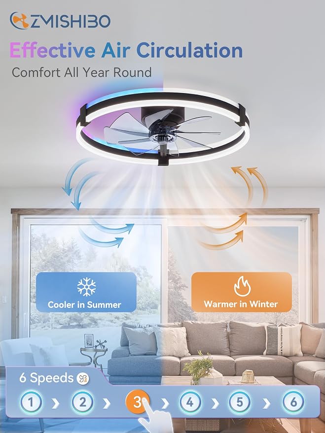 ZMISHIBO RGB Ceiling Fans with Lights and Remote, 23 inch Low Profile Ceiling Fan with Light, 3000K-6000K Dimmable & RGB, Modern Fandelier Flush Mount Ceiling Fan, Small LED Fan for Bedroom,Black