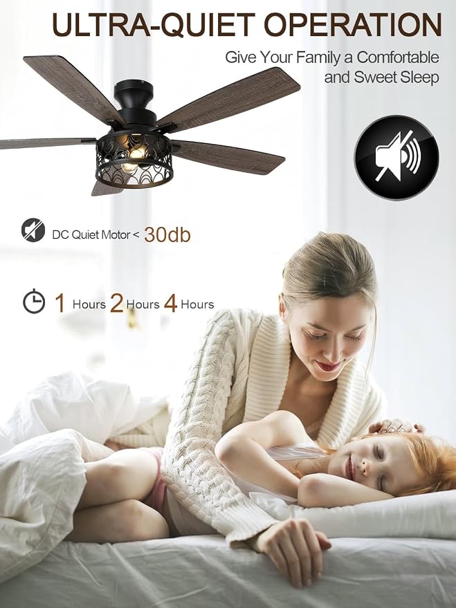 52" Farmhouse Ceiling Fan with Lights Flush Mount Metal Caged | Remote Control Rustic Fandelier, Low Profile Chandelier Fan for Bedroom Dining Room, 5 Dual Blades, Reversible Quiet DC Motor