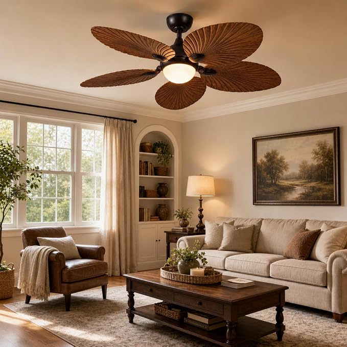 52" Modern Tropical Ceiling Fan with Light and Remote for Bedroom | LED Dimmable Tri-Color Temperature, 5 Blade Ceiling Fans Reversible, 6 Speeds w/Quiet DC Motor, living room, bedroom, kitchen