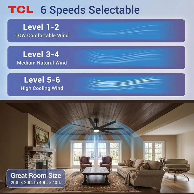 TCL 72 Inch Large Ceiling Fans with Lights and Remote, Quiet Modern Ceiling Fan, 3 CCT Dimmable Remember LED Reversible 8 Dual Side Blades for Living Room Patio Garage (black, 72)