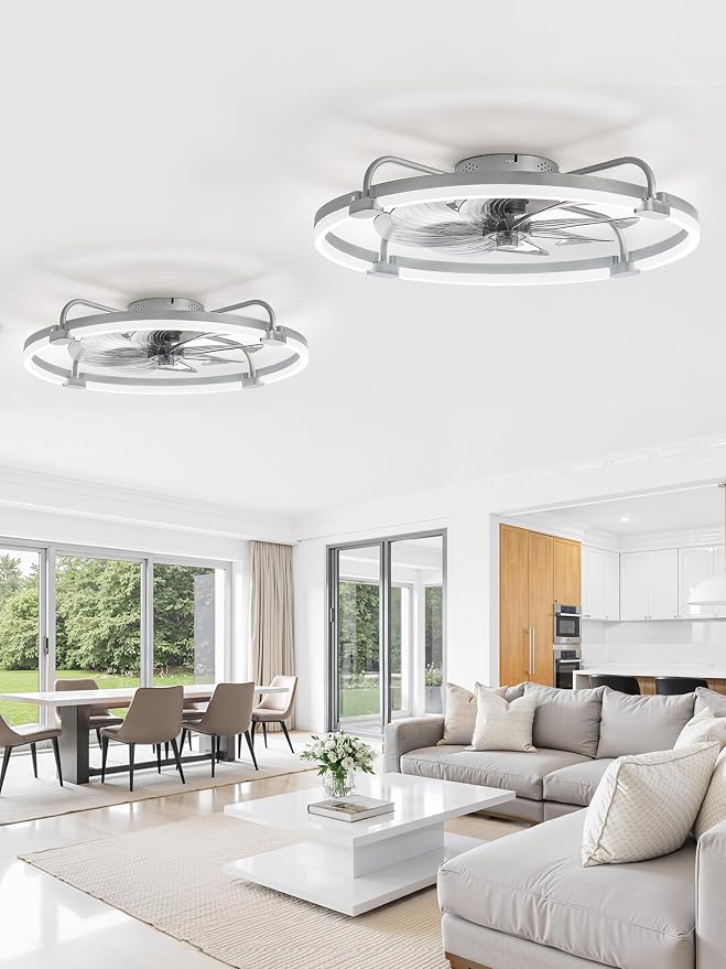 LEDIARY 2 Pack Ceiling Fans with Lights and Remote, 24'' Low Profile Ceiling Fan with Light, 3000-6000K Dimmable Fandelier LED Fan Light, 6 Wind Speeds, Grey Flush Mount Ceiling Fan for Bedroom