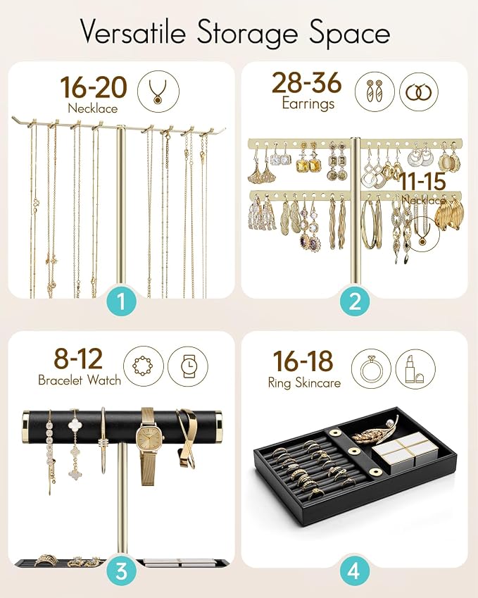 VLANDO 3 Tier Jewelry Stand Organizer with Tary, Leather Jewelry Holder Display for Women, Gold Jewlery Holder Display for Necklace, Earring, Bracelet, Rings - Black