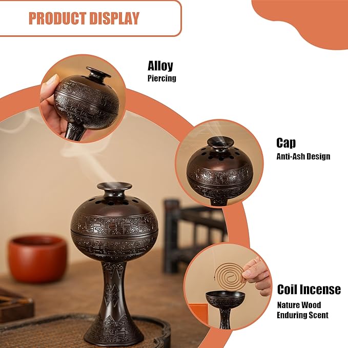 Chinese Incense Burner-Han Pantterned Plum Design, Antique Bronze Alloy Coil Holder for Yoga, Meditation, Home Office Desk Decor, Artistic Ornament with Incense Coils (Coppery)