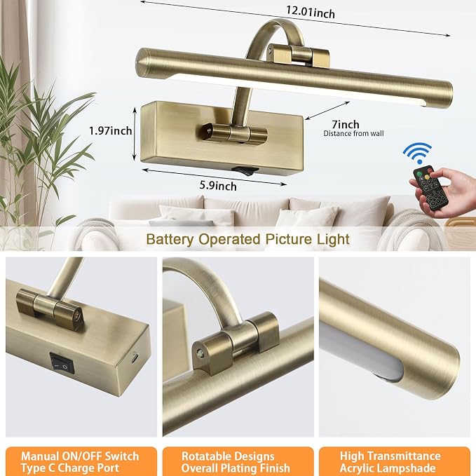 Tassuowell Wireless Picture Lights for Wall,12 Inch Battery Operated Picture Light,3CCT Dimmable Lights for Pictures on Wall with Timer and Remote for Display Photo Frame (Antique Bronze, 12inch)