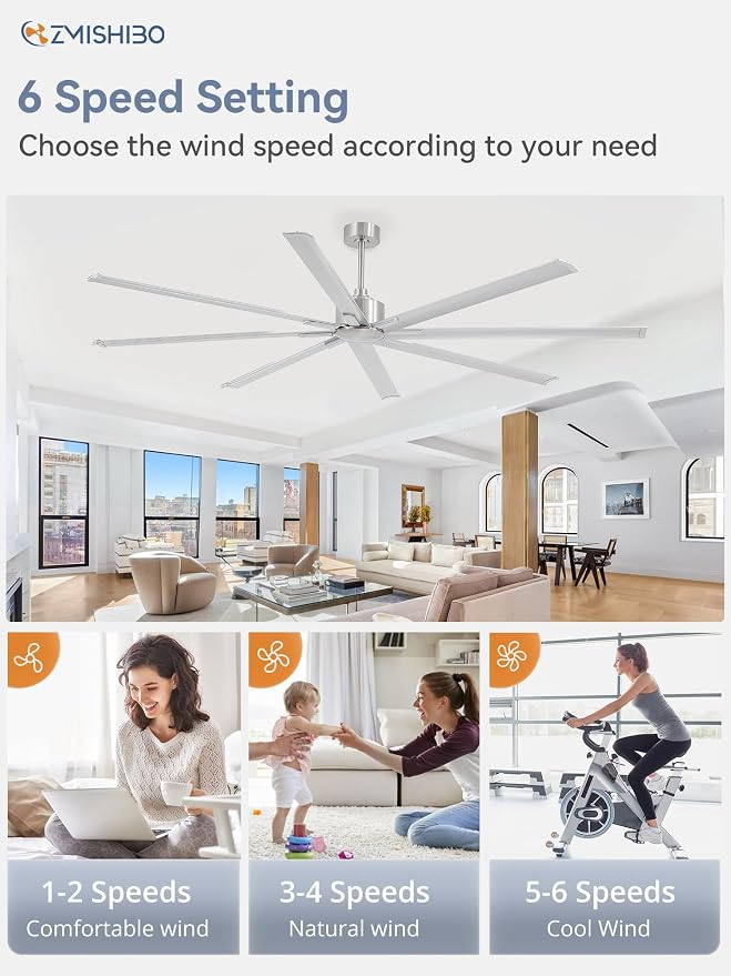 ZMISHIBO 96 Inch Industrial DC Motor Ceiling Fan, Large Ceiling Fan with 8 Reversible Blades, 3 Downrods, 6-Speed Remote Control, Home or Commercial Ceiling Fans for Porch/Garage/Shop, Nickel