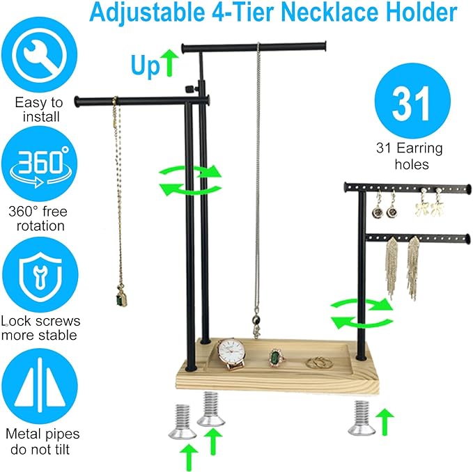 lengnoyp Premium Jewelry Stand, 4-Tier Storage Necklace Holder Stand, Earring Holder AdjustableTall 20I N (Max), Jewelry Organizer for Necklace, Bracelet, Earring, Black