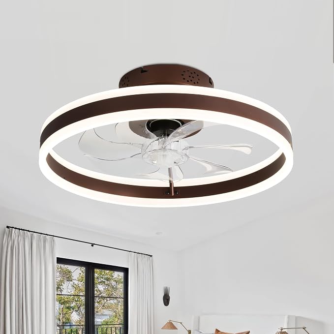 20" Round Flush Mount Ceiling Fan with Lights, Modern Dimmable LED Low Profile Fan,Multi-Speed and Timing with Remote Control for Kids Bedroom/Dining Room/Kitchen