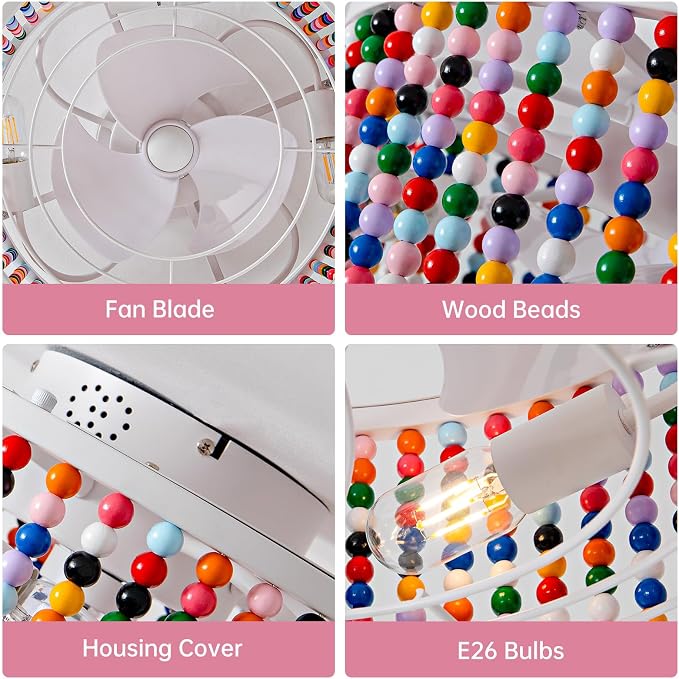 Ceiling Fans with Lights and Remote - Bulbs Included, Caged Fandelier with Handcrafted Beaded Décor 19 inches Reversible Flush Mount Installation Ceiling Fan, Colorful