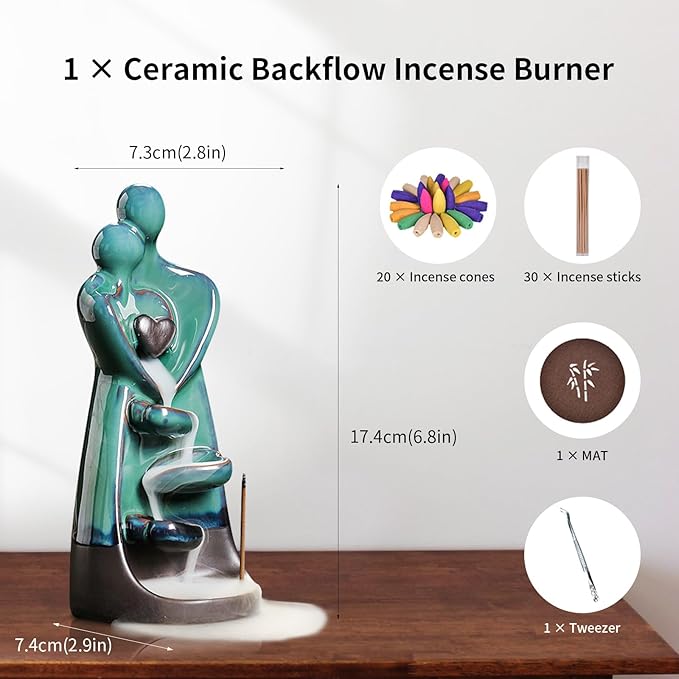 YYW Backflow Incense Holder Ceramic Hugging Lovers Incense Burner, Handmade Waterfall Incense Burner with 20 Incense Cones and 30 Incense Sticks, Home Decor Aromatherapy Ornament
