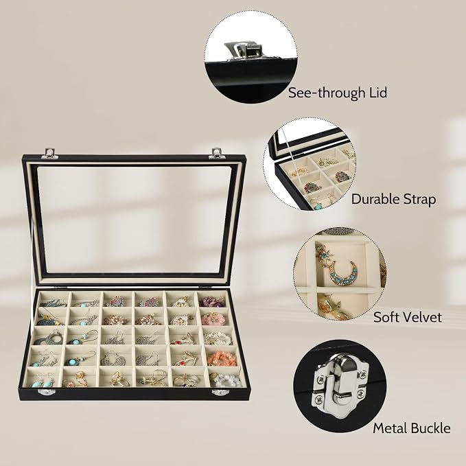 Stratalife 30 Grid Earring Organizer, Jewelry Holder Organizer with Lid | PU Leather Storage Box for Earring, Ring, Studs and Trinkets, Soft Velvet Drawer Organizer for Women, Dustproof, Beige Black