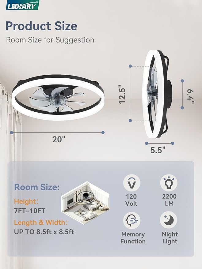 LEDIARY Ceiling Fans with Lights, 20 inch Low Profile Flush Mount Ceiling Fan, Dimmable LED, APP & Remote Control, Quiet Reversible DC Motor, 6 Speeds, Fandelier for Bedroom, Black