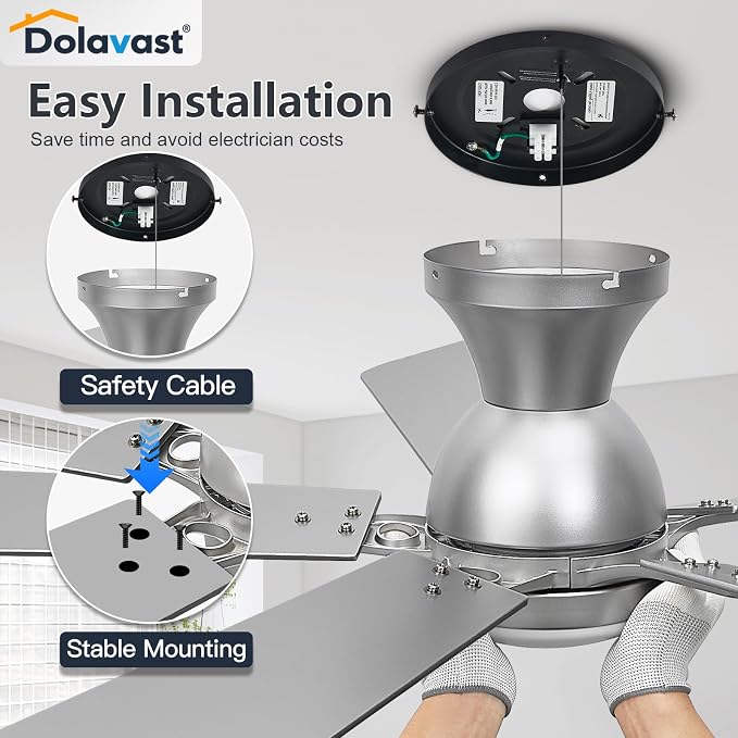 Ceiling Fans with Lights, 52 Inch Low Profile Ceiling Fan with Light and Remote Control, Flush Mount, Reversible, 3CCT, Dimmable LED, Quiet, Nickel Ceiling Fan for Bedroom, Living Room