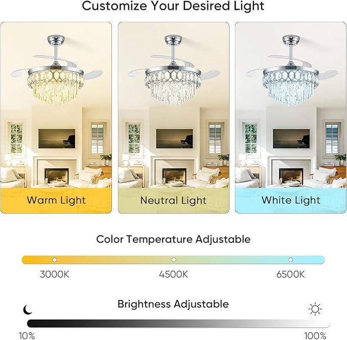 FIDGRA 42 Inch Fandelier Ceiling Fan with Light, Retractable Ceiling Fan with Lights Chandelier Fan for Bedroom, Living Room, 3 Color Temperature, 6 Wind Speed-Chrome