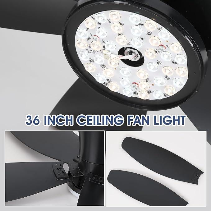 Surtime 42" Ceiling Fans with Lights-Low Profile Ceiling Fan with Light and Remote Control,Flush Mount,DC Reversible,LED Dimmable Blakc Ceiling Fans for Bedroom,Indoor/Outdoor Patio Use