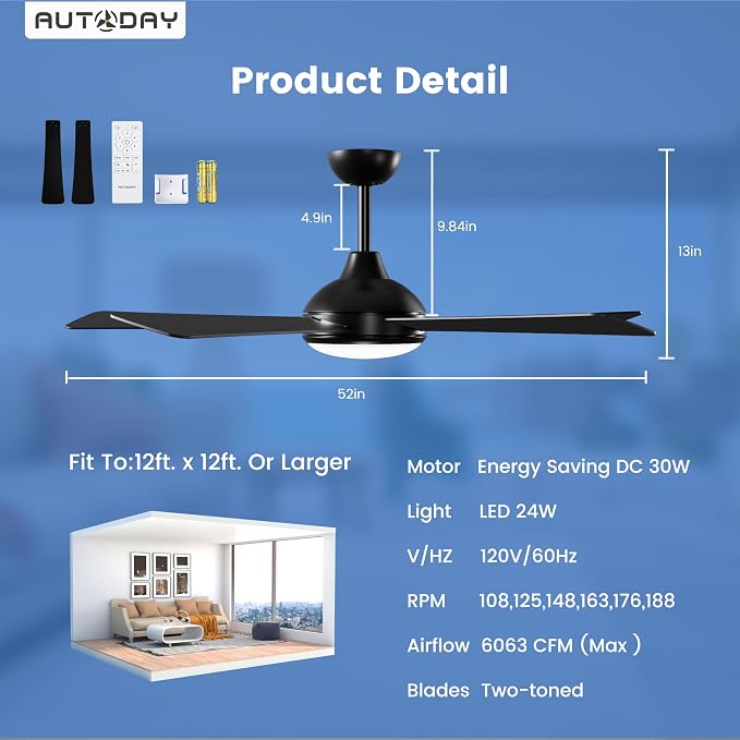Black Ceiling Fans with Lights and Remote - 52 Inch Ceiling Fan with Light, Quiet Reversible DC Motor, Dimmable Tri-Color LED, 5 Blades Indoor/Outdoor Ceiling Fans for Patios Bedroom,