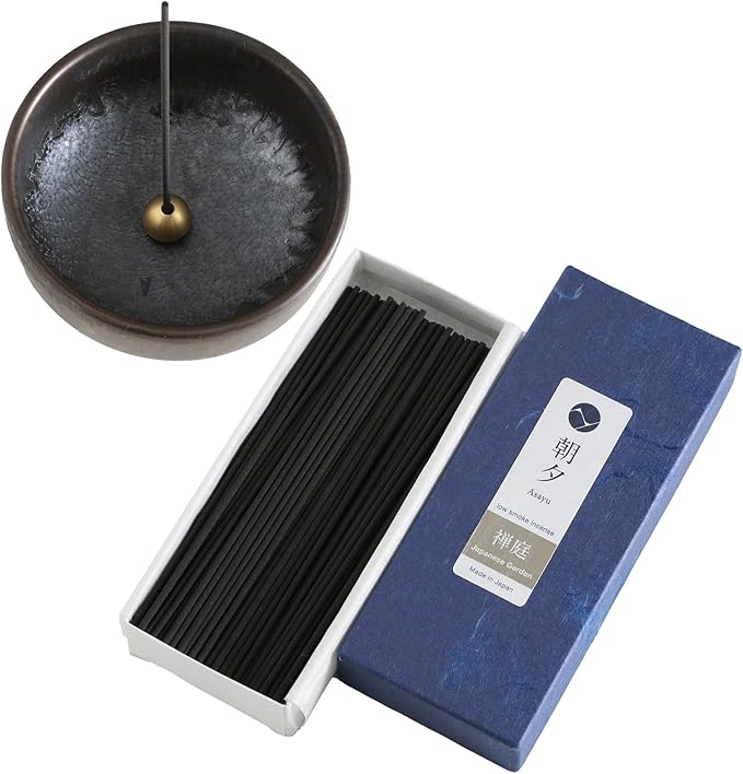Asayu Japan Low Smoke Incense Gift Set with Incense Holder and Brass Stand, Japanese Garden Incense Sticks with Zen Holder