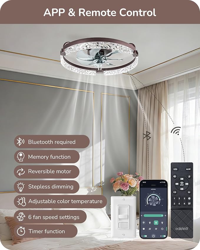 EDISHINE 20'' Ceiling Fans with Lights and Remote, LED Low Profile Fan Light, 3000-6000K Dimmable, 6 Speeds Flush Mount Ceiling Fan, DC Motor, APP Control, Modern Fandelier for Bedroom, Brown