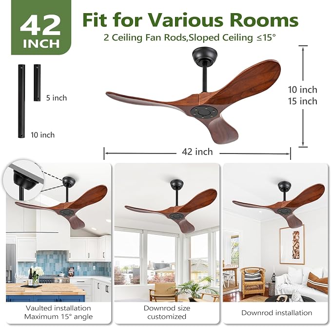 42 Inch Small Wooden Ceiling Fan Without Lights, 3 Blade Propeller, Remote Control, Walnut Finish, Indoor/Outdoor, Living Room, Bedroom, Porch, Farmhouse