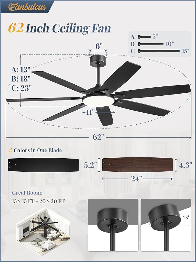 Fanbulous 62 Inch Large Ceiling Fans with Lights and Remote, Black Modern Ceiling Fan with 3CCT LED Light, Quiet DC Motor,Indoor/Outdoor Ceiling Fan with 7 Dual Finish Blades for Living Room, Patio