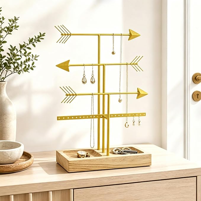Urban Deco Arrow Jewelry Organizer Stand 4-Tier Gold Jewelry Stand Necklace Organizer With Wooden Ring Holder For Jewelry Display Bracelet Holder Stand Earring Organizer For Girls - Gold
