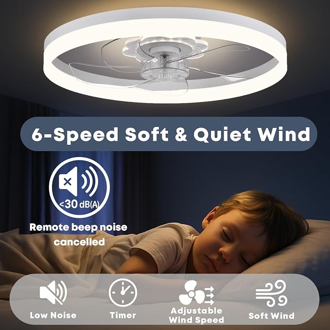 FSZDORJ 20'' Ceiling Fan with Light and Remote, Low Profile Ceiling Fan with Light, Dimmable Flush Mount Ceiling Fan Light, 6 Speeds Fan, App&Remote Control, Fandelier Quiet Fan for Bedroom F115 Black