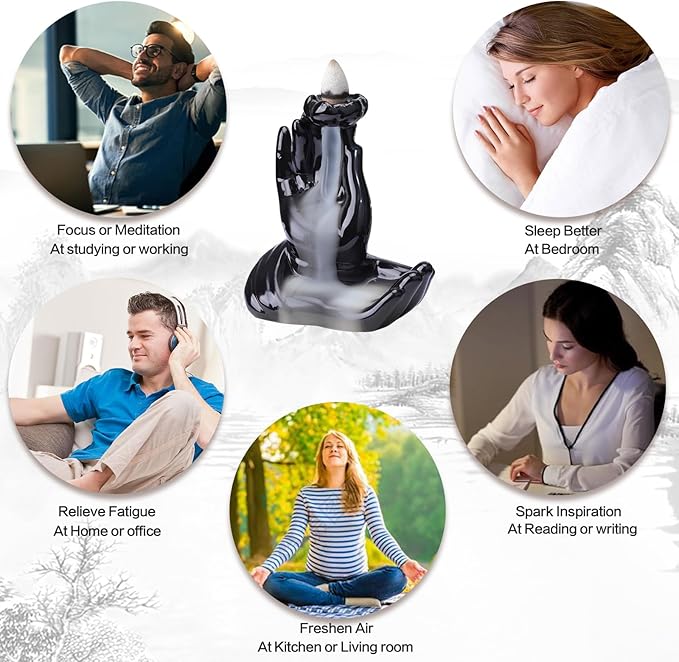 Buddha Hand Backflow Incense Burner Smoke Waterfall Incense Burner Ceramic Buddha Incense Holder Incense Cone Burner for Yoga Meditation and Home Decor