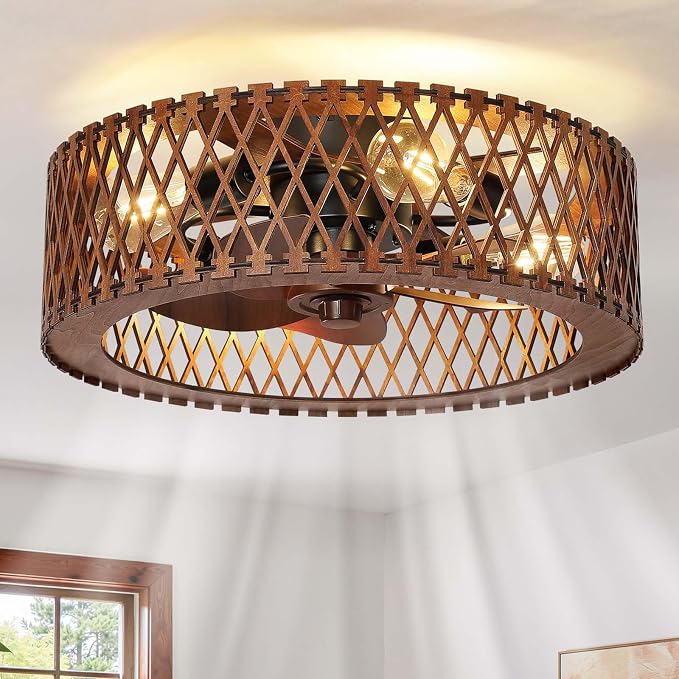 20" Flush Mount Ceiling Fan with Light, Wooden Caged Low Profile Fandelier with Remote, 6-Speed Reversible Bladeless Fan, Farmhouse Ceiling Fan for Bedroom, Kitchen, Living Room
