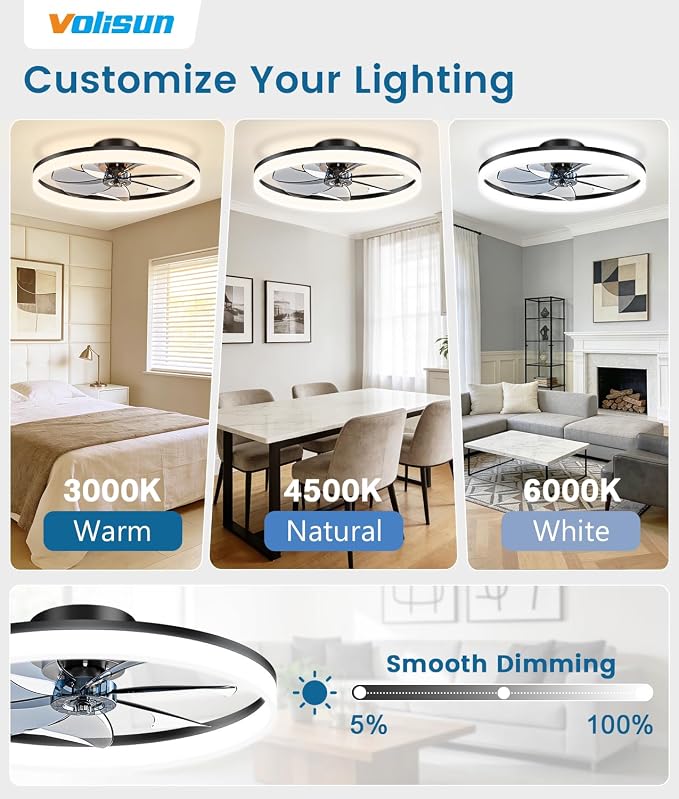 VOLISUN Low Profile Ceiling Fans with Lights and Remote, 27.6in Fandelier Ceiling Fan Flush Mount, 3000K-6500K Smart Bladeless LED Fan Light, Black Modern Ceiling Fans with Lights for Bedroom