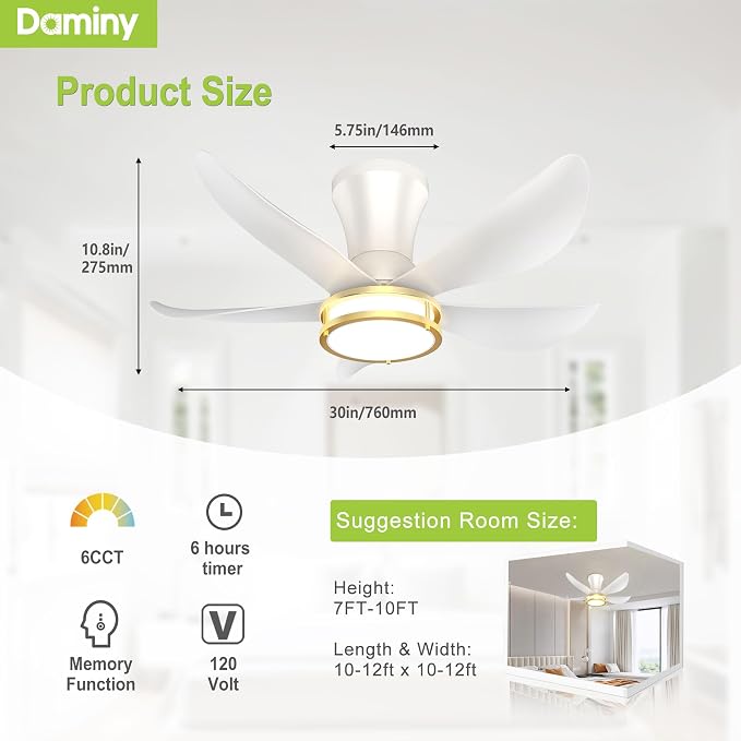 DAMINY 30 Inch White and Gold 5 Blade Ceiling Fan with Light, Modern Ceiling Fan with Remote,Large Airflow,Flush Mount,6CCT,Dimmable,Noiseless,Bedroom