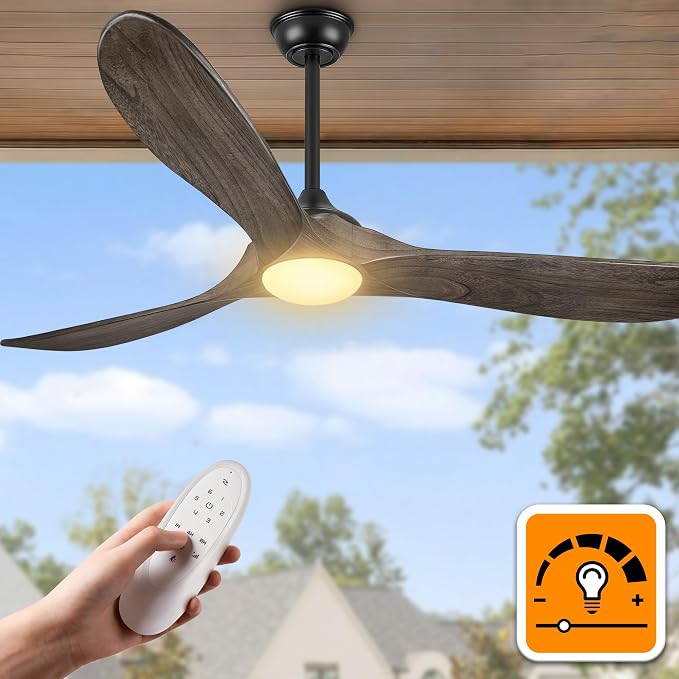 Haipeel 52 Inch Farmhouse Rustic Ceiling Fans with Lights, Dimmable Solid Wood Outdoor Ceiling Fan with Light and Remote Control 3 Blades Propeller Ceiling Fans for Patios Indoor Bedroom, Deep Brown