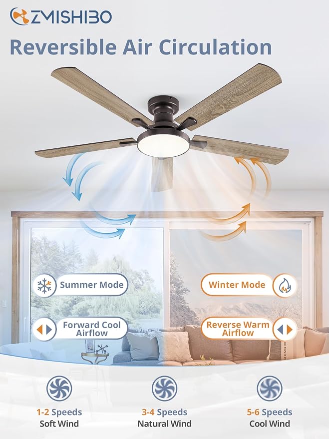 ZMISHIBO 52 Inch Flush Mount Ceiling Fan with Light, Remote&APP, Oil Bronze | 6-Speed Quiet DC Motor, Dimmable 24W LED with 3CCT (3000K-6500K), Modern Low Profile for Living Room, Bedroom, Kitchen