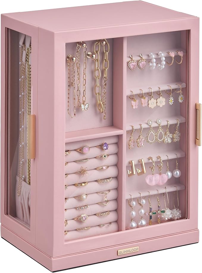 Glimmloop 360° Rotating Jewelry Box with 7 Drawers, Spacious Vertical Jewelry Organizer with Glass Window, Jewelry Storage Case, Dustproof & Moisture-resistant Design, Pink
