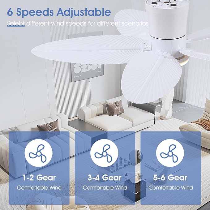 Surtime Palm Leaf Ceiling Fans with Lights-42 Tropical Ceiling Fan with Light and Remote/APP Control,Flush Mount Low Profile White Ceiling Fans for Bedroom,Indoor/Outdoor Patio Use